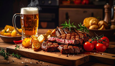 Grilled steak with roasted potatoes, tomatoes, and a pint of beer on a wooden boardの素材
