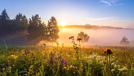 A foggy meadow with wildflowers and trees at sunrise with golden light and distant hills.の素材