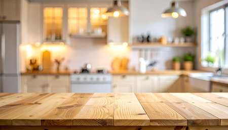 A bright kitchen interior with a wooden tabletop in the foreground and blurred backgroundの素材
