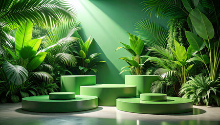 A vibrant green display with various tropical plants and cylindrical pedestals bathed in sunlight.の素材