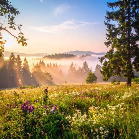 Sunbeams shine through mist over a wildflower meadow and forest at sunrise. Clear details and vibrant colors ...の素材