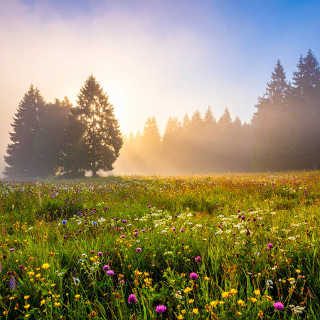 A sunlit, misty meadow filled with wildflowers and a backdrop of pine trees. Clear details and vibrant colors...の素材