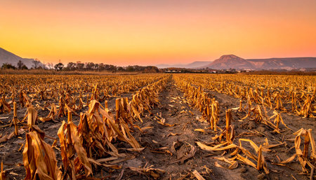 Dry cornfield with rows of stalks under an orange sunset sky and distant mountains.の素材