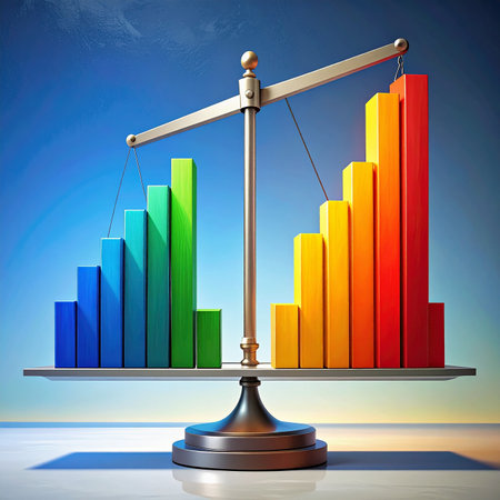 Balance scales weigh bar graphs against a blue sky background. Clear details and vibrant colors enhance visua...の素材