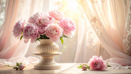 Pink peonies in a decorative vase with scattered petals on a wooden surface. Clear details and vibrant colors...の素材