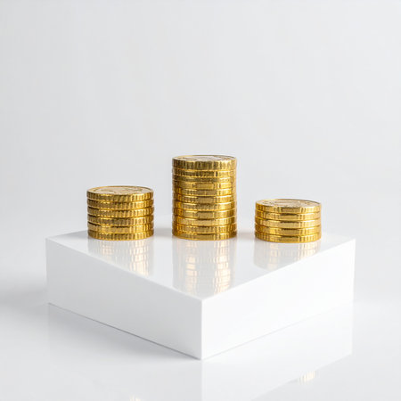 Three stacks of gold coins are arranged on a white cube pedestal with a light gray background.の素材