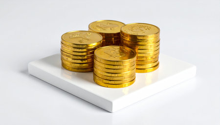 Four stacks of gold coins are placed on a white square platform. Clear details and vibrant colors enhance vis...の素材