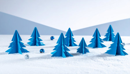 Holiday showing blue paper christmas trees and ornaments on a snowy surface with a soft blue background...の素材