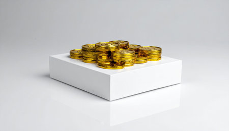 A pile of gold coins is displayed on a white rectangular platform. Clear details and vibrant colors enhance v...の素材