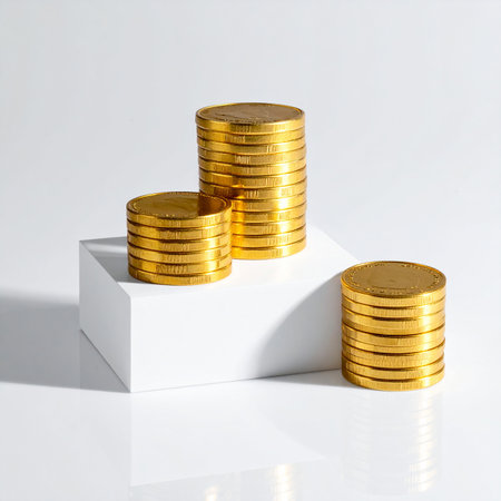 Three stacks of gold coins are arranged on a white cube pedestal in a studio setting.の素材