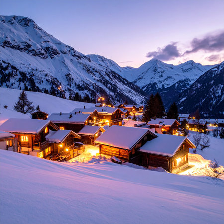 Lights showing cozy alpine village illuminated at dusk with snow- covered mountains and houses keywords:...の素材