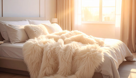 A cozy bedroom with a plush white faux fur throw blanket on the bed, bathed in warm sunlight.の素材