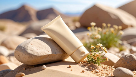 A light beige cosmetic tube is placed on sandstone with desert wildflowers Clear details and vibrant colors e...の素材