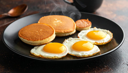 A black plate with pancakes, fried eggs, a sausage slice, and a steaming coffee cup.の素材