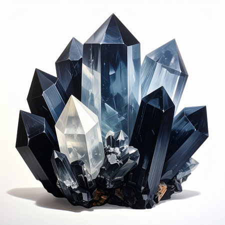 A cluster of dark blue and clear quartz crystals with a natural earthy base on white.の素材