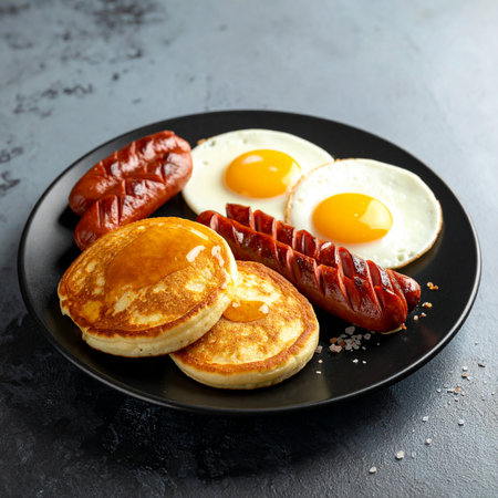 A black plate displays pancakes with syrup, two grilled sausages, and two fried eggs with salt.の素材