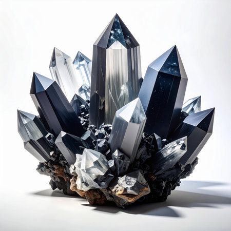 A cluster of black and clear quartz crystals is displayed on a white background. Clear details and vibrant co...の素材