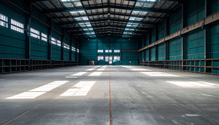 Wide interior view of a vast empty industrial warehouse with concrete floor and sunlight streaks.の素材