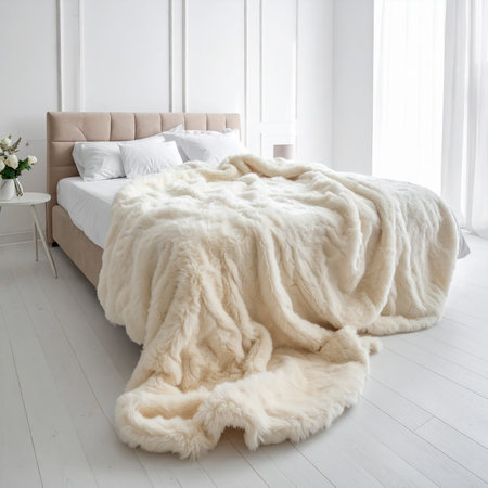 A plush cream faux fur throw blanket is draped over a bed with white linens in a bright room.の素材