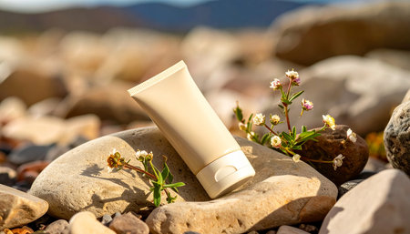 A beige cosmetic tube sits on pebbles with small pink and white wildflowers Clear details and vibrant colors ...の素材