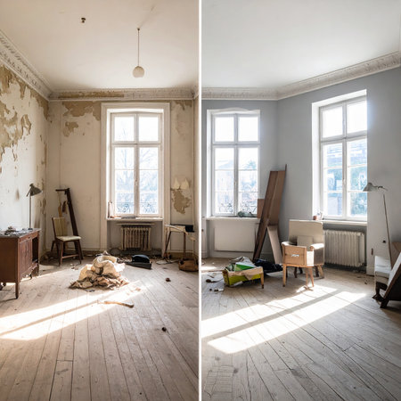 A split image showing a room before renovation with peeling paint and after with fresh paint.の素材