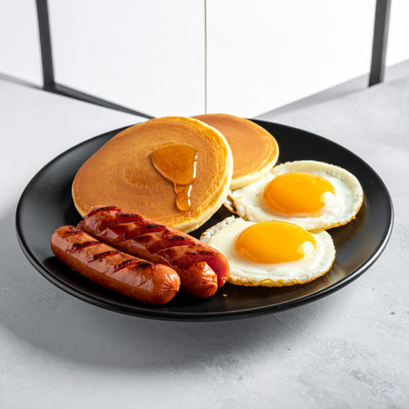 A black plate contains pancakes with syrup, two grilled sausages, and two fried eggs.の素材
