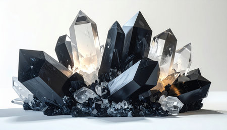 Black and clear quartz crystals cluster with a warm inner light on a white background.の素材