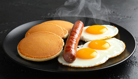 A black plate holds steaming pancakes, a sausage, and three fried eggs. Clear details and vibrant colors enha...の素材