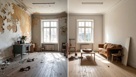 Room renovation comparison showing peeling walls and debris to a clean, furnished interior.の素材