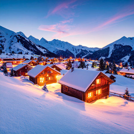 Lights showing enchanting snow- covered alpine village aglow with warm lights at twilight keywords: village,...の素材