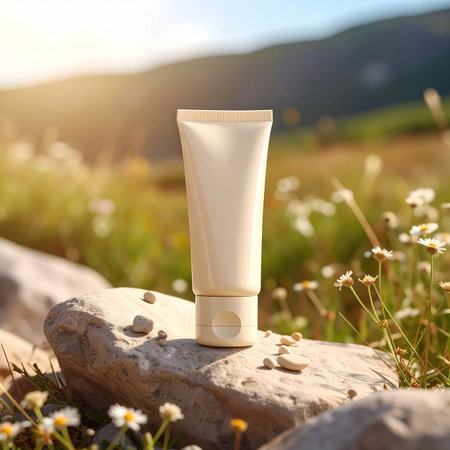 A cream tube rests on a stone in a sunlit meadow with mountains in the distance. Clear details and vibrant co...の素材
