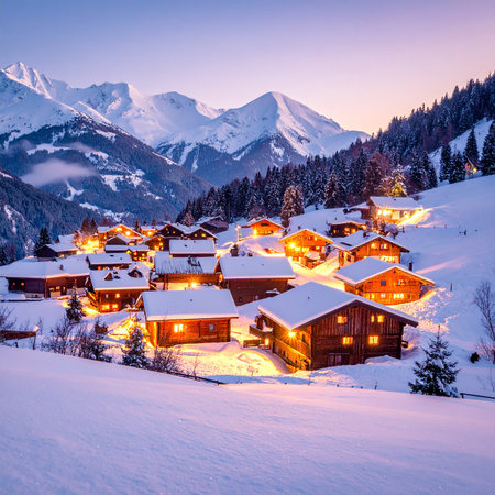 Lights showing picturesque alpine village aglow with lights amidst snowy peaks at twilight keywords:...の素材