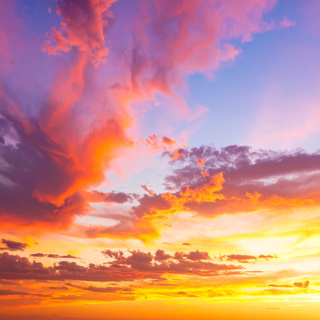 An intense sunset features fiery orange and pink clouds streaking across a blue sky.の素材
