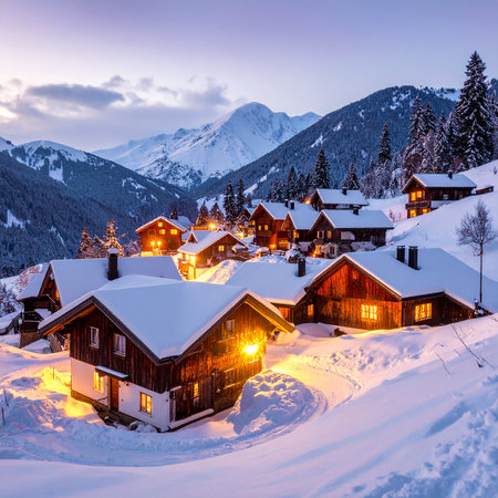 Lights showing idyllic snow- covered alpine hamlet bathed in warm evening light keywords: hamlet, alpine,...の素材