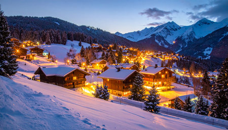 Lights showing warmly lit alpine village nestled in snow with majestic mountains at dusk keywords: village,...の素材