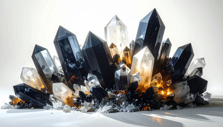 A cluster of black and amber quartz crystals with a fiery glow on a white background.の素材