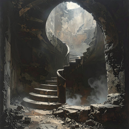 A dark, ruined interior with a crumbling spiral staircase bathed in dramatic light.の素材