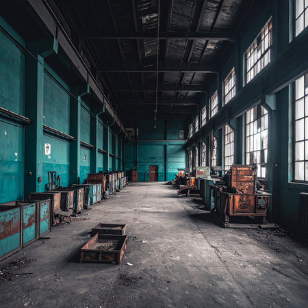 Long industrial hallway with teal walls, rusty bins, concrete floor, and sunlight through windows.の素材