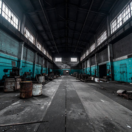 Derelict industrial warehouse with teal walls, rusty barrels, concrete floor, and sunlight through windows.の素材