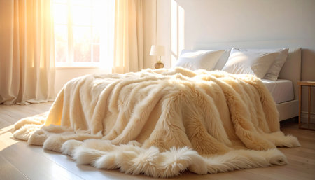 A warm bedroom bathed in sunlight with a plush cream faux fur throw blanket on the bed.の素材