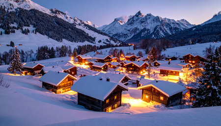A tranquil alpine village is bathed in warm light at dusk, surrounded by snow and majestic mountains.の素材