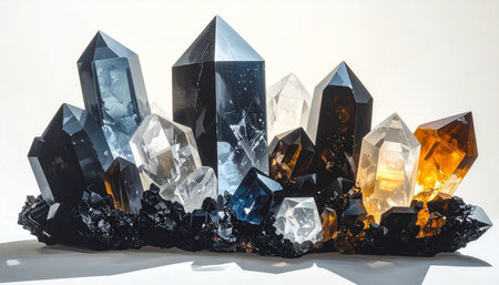 A collection of black, blue, clear, and orange quartz crystals in various pointed formations.の素材