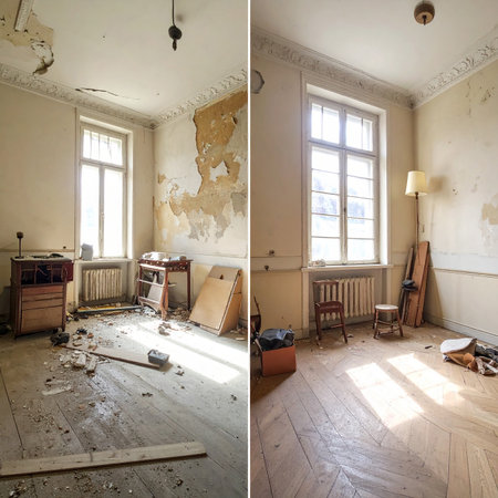 Room renovation comparison showing peeling paint and debris versus a clean, bright space.の素材