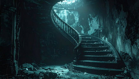 Teal toned abandoned grand staircase in a dark, decaying mansion with debris. Clear details and vibrant color...の素材