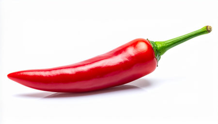 A bright red chili pepper with a green stem angled on a white background. Clear details and vibrant colors en...の素材