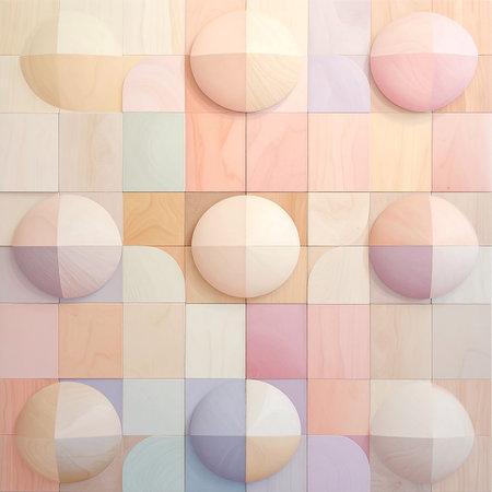 An abstract geometric pattern of pastel colored wooden squares and circles. Clear details and vibrant colors ...の素材