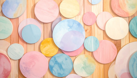 Colorful pastel watercolor circles of various sizes are arranged on a light wood plank background, creating...の素材