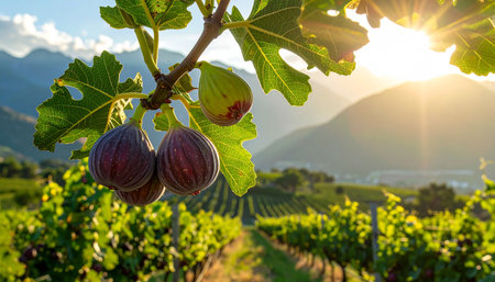 Green and purple figs hang from a branch with a sunlit vineyard and mountain backdrop.の素材
