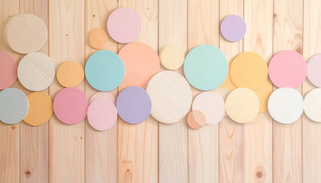 Rows of pastel colored wooden circles are arranged on a light wood plank background.の素材
