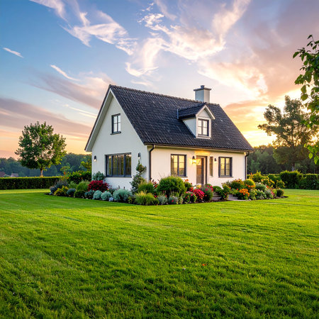 A white cottage with a dark roof sits in a lush green lawn with colorful flower beds.の素材